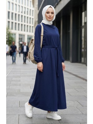 Sefa Merve Düğme Detaylı Kolu Lastikli Kuşaklı Ferace 2212-04 Lacivert