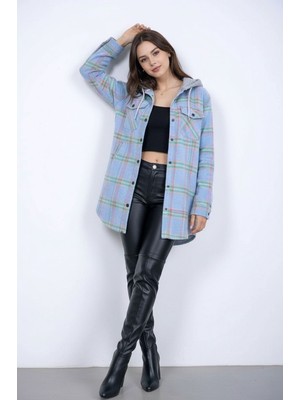 Mamayaga Kadın Desen Bloklu Oduncu Oversize Geniş Kalıp Casual Cepli Kapüşonlu Uzun Boy Ceket Gömlek