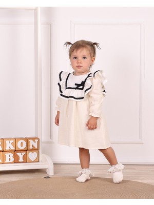 Kidello Ekru Müslin Kumaş Pamuk Uzun Kollu Yakalı Kız Bebek Elbisesi | Günlük & Özel Gün