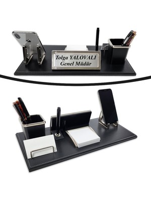 Akat Siyah Renk Deri Vip Ofis Masa Üstü İsimliği Seti