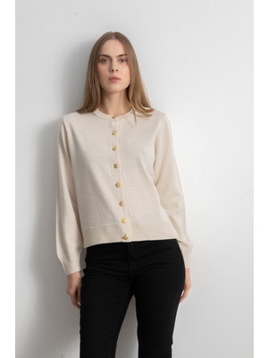 Kadın Gold Düğmeli Basic Triko Hırka - Krem