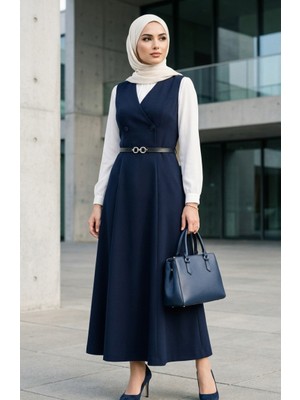 Düğmeli Kısa Kol Kemerli Jile Elbise 5095-01 Lacivert