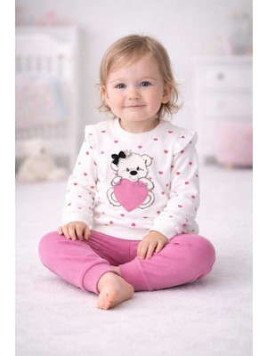 Dinamik çocuk Kız Bebek Kalpli Ayıcık Baskılı 2'li Takım Alt Üst – Uzun Kollu Sweatshirt & Eşofman Altı 3-6-9-12AYLIK