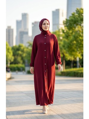 Sefa Merve Boydan Düğmeli Kolu Lastikli Kışlık Ferace 2214-05 Bordo