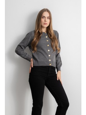 Kadın Gold Düğmeli Basic Triko Hırka - Gri