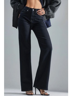 Hiccup Kadın Squalo Yüksek Bel Düz Paçalı Kot Pantolon Koyu Mavi Denim