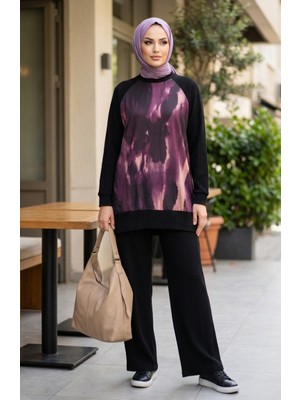 Baskılı Piliseli Tunik Pantolon Ikili Takım 2215-01 Siyah Mor