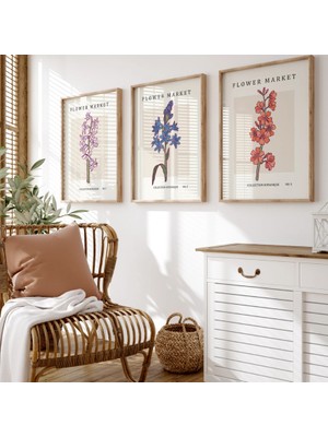 Pam Studio Flower Market 3’lü Tablo Seti – Kırmızı Gelincik, Mor Menekşe ve Pembe Leylak Çiçek Posterleri