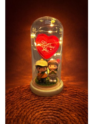 Bijuteri Net I Love You Yazılı Sevgili Çift Kalpli Işıklı LED Fanus