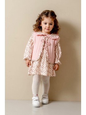 Magu Kız Çocuk Pamuklu Pudra Çiçek Desenli Elbise ve Yelek Takım