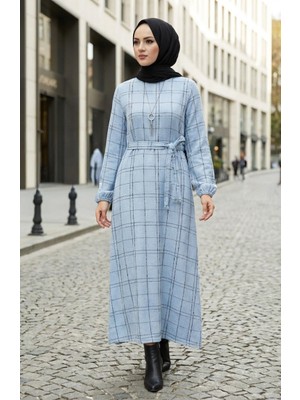 Çizgili Kuşaklı Kolu Lastikli Kışlık Elbise 2505-06 Mavi