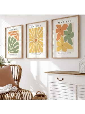Pam Studio Matisse Tarzı 3’lü Soyut Çiçek Tablo Seti – Modern Sanat, Renkli Duvar Dekorasyonu