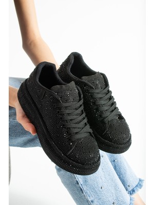 Dabab Shoes Stella Kadın Siyah Taşlı Işıltılı Platform Kalın Taban Sneakers Spor Ayakkabı
