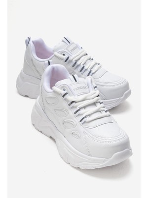 Ccway Yan Halka Desenli Kadın Spor Ayakkabı Beyaz Beyaz