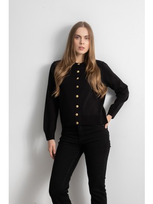 Kadın Gold Düğmeli Basic Triko Hırka - Siyah