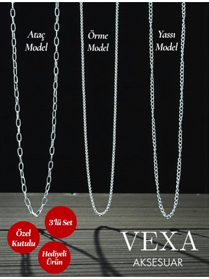 Vexa Aksesuar 3’lü Zincir Kolye Seti – Ataç, Örme ve Yassı Model – Özel Kutulu Hediye Seti