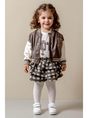Magu Kız Çocuk Kahverengi Ceket T Shirt ve Etek Takım