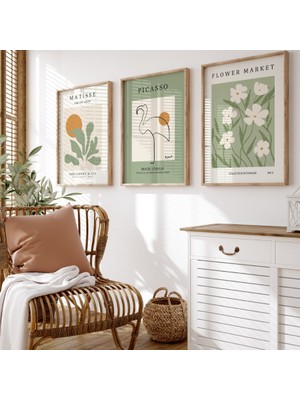 Pam Studio Matisse Picasso Çiçek Poster Seti – Yeşil ve Turuncu Minimalist Modern Duvar Tablo Dekorasyonu 3’lü