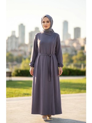 Düğme Detaylı Kolu Lastikli Kuşaklı Ferace 2212-06 Gri