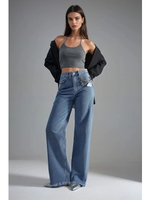Hiccup Kadın Squalo Yüksek Bel Geniş Paçalı Kot Pantolon Açık Mavi Denim