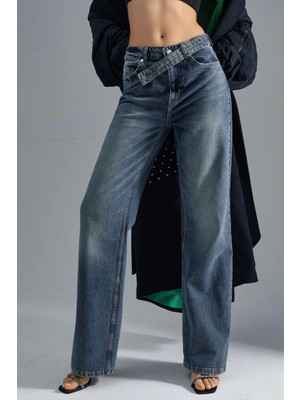 Hiccup Kadınlar SQUALO Yüksek Bel Geniş Paçalı Kot Pantolon Orta Mavi Denim