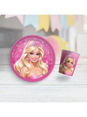 Barbie Temalı Karton Tabak Bardak Set 8 Tabak 8 Bardak