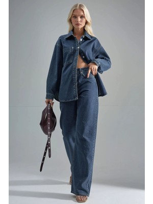 Hiccup Kadınlar Yüksek Bel Kot İki Parçalı Takım, Ceket Yakalı Koyu Mavi Denim