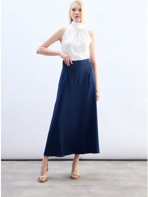 Sateen Yüksek Bel Saten Etek - Lacivert