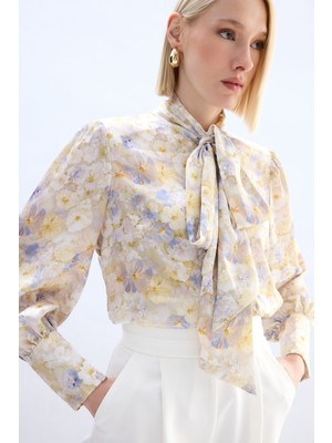 Sateen Çiçek Desenli Fularlı Gömlek - Sarı