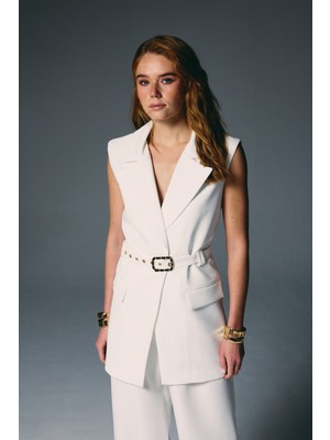 Sateen Kemer Detaylı Yelek - Ekru