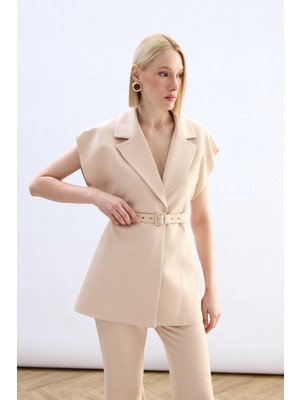 Sateen Kemerli Uzun Yelek - Bej