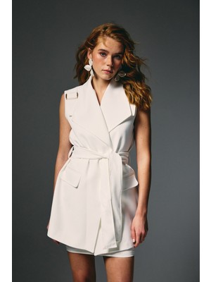 Sateen Omuz Aksesuarlı Kuşaklı Yelek - Ekru