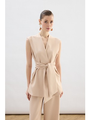 Sateen Kalın Kuşaklı Yelek - Bej