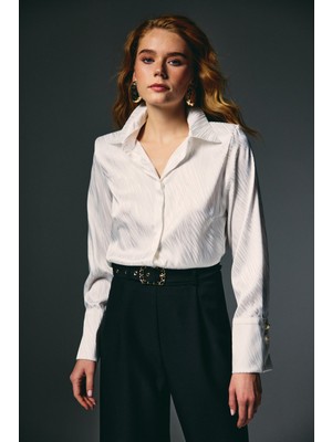 Sateen Zebra Desenli Gömlek - Ekru