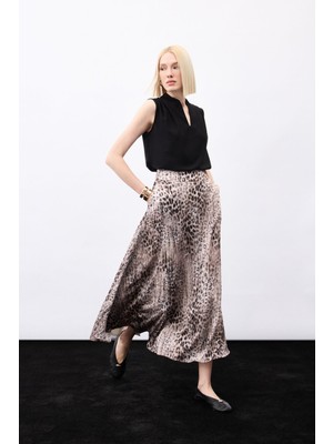 Sateen Leopar Desenli Uzun Etek - Kahve