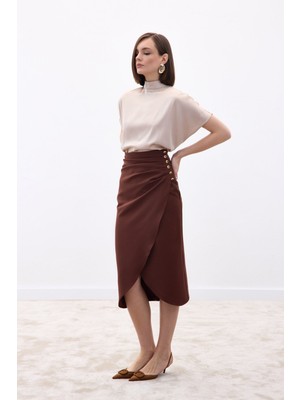 Sateen Düğme Detaylı Kalem Etek - Kahve