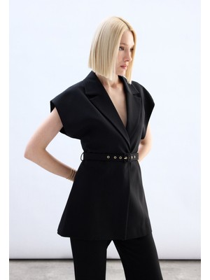 Sateen Kemerli Uzun Yelek - Siyah