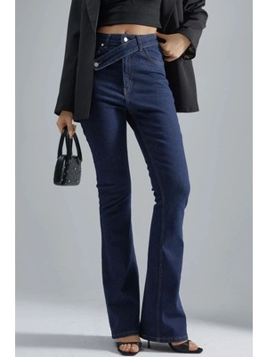 Hiccup Kadın Squalo Yüksek Bel Kemer Detaylı Flare Kot Pantolon Koyu Mavi Denim