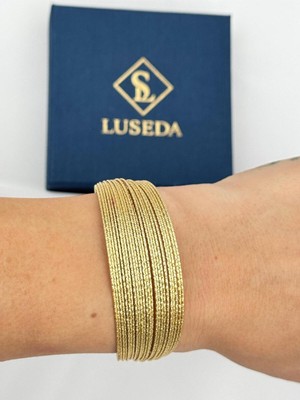 Luseda VIP Çok Sıralı Çizgi Dokulu Ayarlanabilir Gold Geniş Kelepçe Bileklik