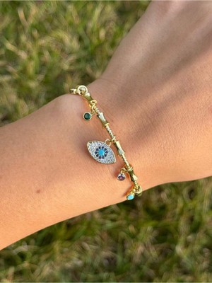Luseda Nazar Göz Yıldız ve İnci Charm Detaylı Gold Bambu Kesim Ayarlanabilir Bileklik