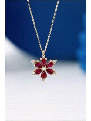 Çekirdek Jewelry 925 Ayar Gümüş Kırmızı Taşlı Kamelya Çiçeği Kolye