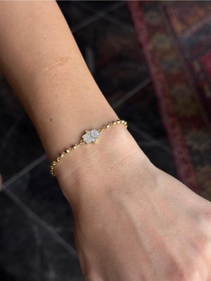 Luseda Vıp Taşlı Fatma Ana Eli Hamsa Figürlü Gold Boncuk Zincir 16+4 cm Ayarlanabilir Bileklik