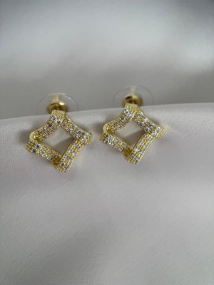 Luseda VIP Kare Form Gold Renk Zirkon Taşlı Çelik Küpe