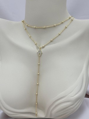 Luseda Çift Sıra Gold Zincir Taşlı Fatma Ana Eli Kadın Y 40+5 cm Ayarlanabilir Kolye