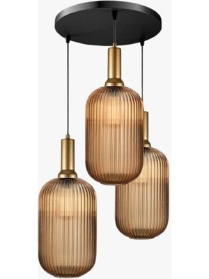 Rsylight Retro Metal Eskitme Kaplama Siyah  Bal Opal Camlı 3 Lü Dekoratif Sarkıt Avize