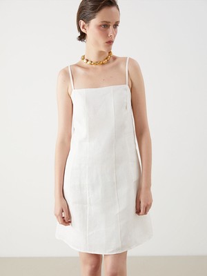 Lc Waikiki Yeni Sezon Kare Yaka %100 Keten Mini Elbise