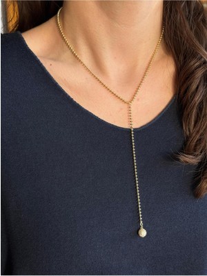 Luseda Gold Renk 40+5 cm Ayarlanabilir Zirkon Taşlı Top Zincir Y Kolye
