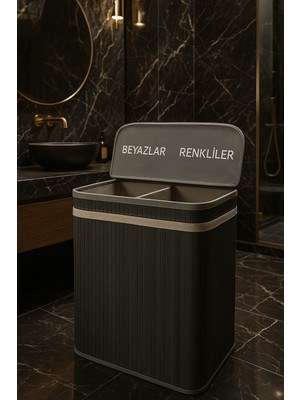 Tuğra Store Modern Bambu Beyazlar/renkliler Ayrı Bölmeli Çamaşır Kirli Sepeti 52X32X60CM 100 Litre Büyük Boy