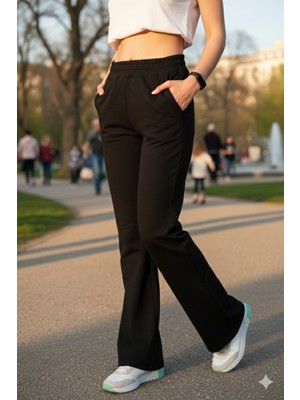 Bky Siyah Yüksek Bel Ispanyol Paça Eşofman Altı