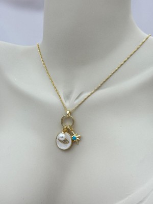 Luseda Nazar Göz Madalyonlu Inci ve Kutup Yıldızı Figürlü 70+5 cm Ayarlanabilir Kolye